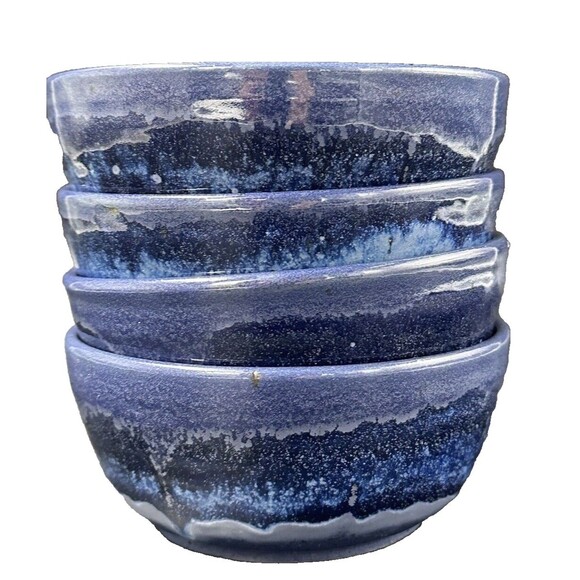 Two Tone Blue Marble Glazed Stoneware Pottery Cereal Soup Ice Cream Bowls 4 - Picture 2 of 16